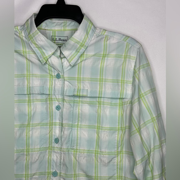 L.L. Bean Shirt Light Green Plaid Vented Outdoor Button Up Long Sleeve Plaid SzM - Picture 4 of 11